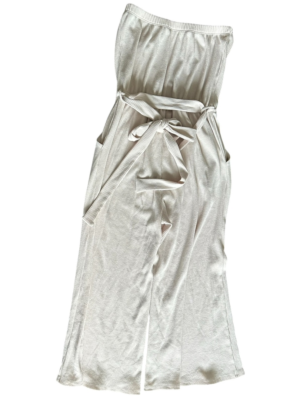 Strapless Cream Ribed Wide-Leg Jumpsuit - Picture 10 of 14